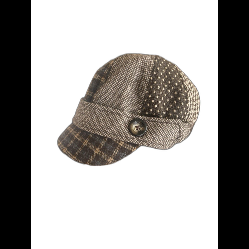 Y2K ABG Brown Plaid Patchwork Button Detail Wool Satin Lining Newsboy Cap